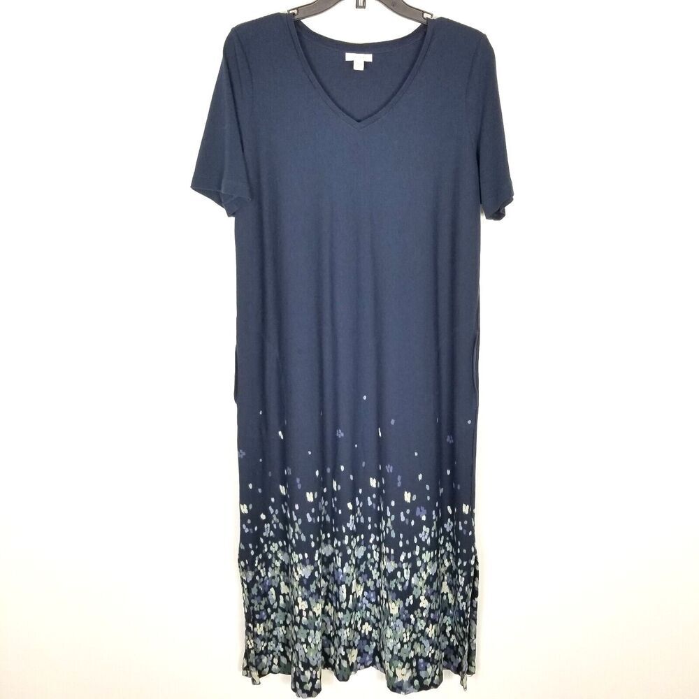 J.Jill Pure Jill Women Short Sleeve Floral Knit Maxi Dress‎ Sz L Blue Lagenlook